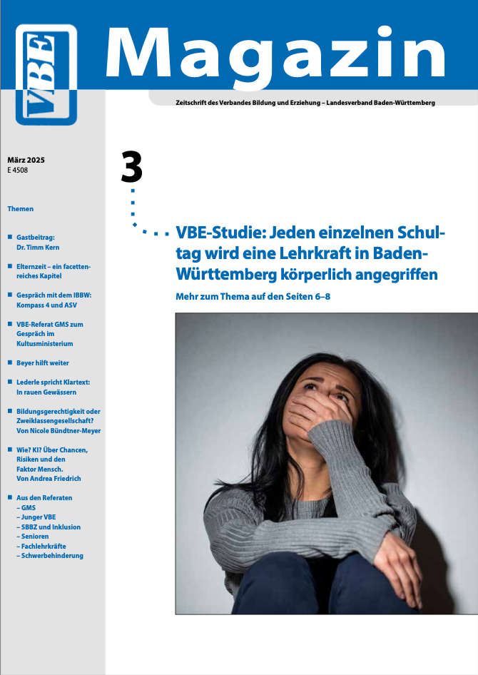 VBE Magazin 3 2025, auf dem Titel eine Frau, die sich die Hand vor den Mund hält und verzweifelt nach oben schaut